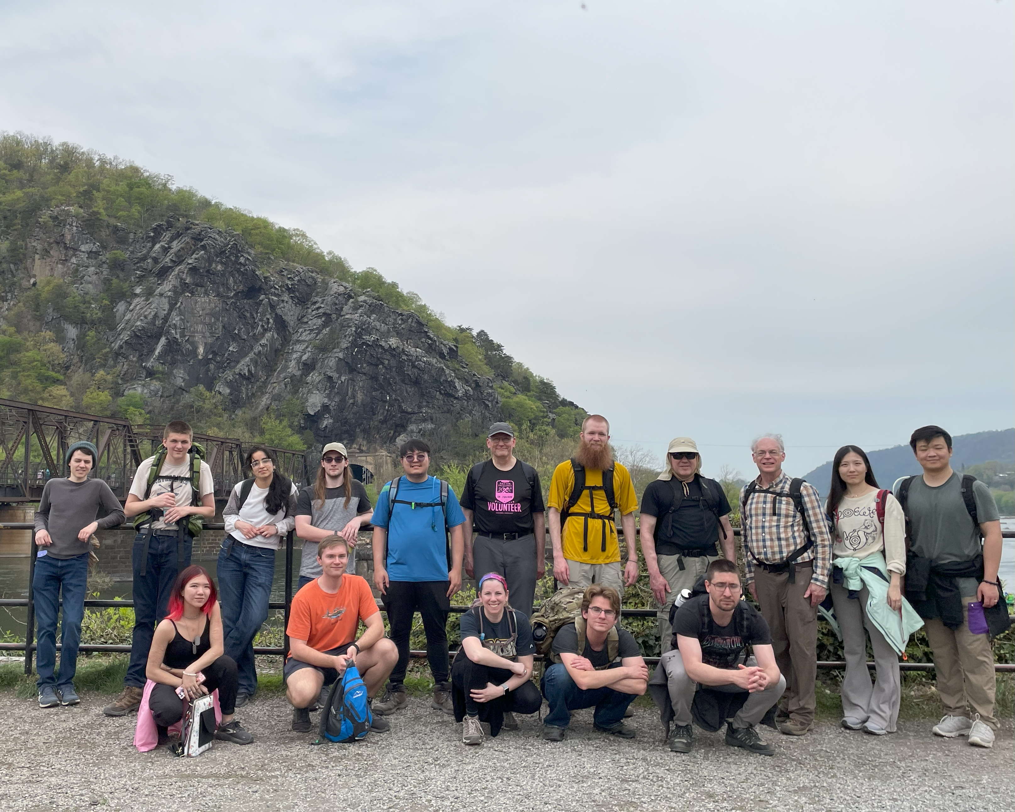 On April 19, 2025, 16 people associated with CDL hiked 9 miles from Harper’s Ferry to the summit of Weverton Cliffs and back. Hikers included new assistant professor Yiwen Hu and her husband Young.